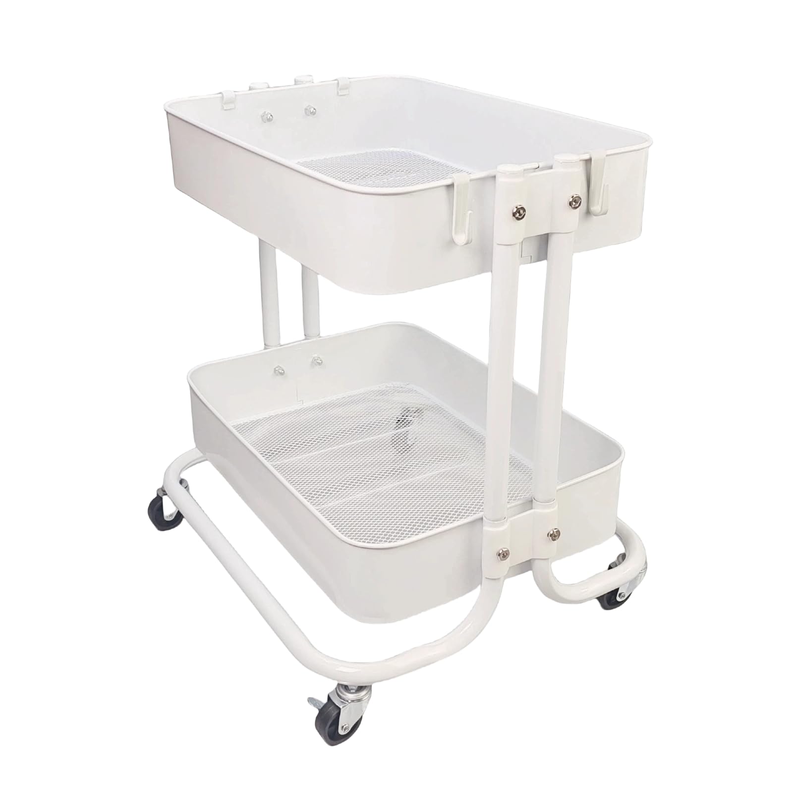2 Tier Under Desk Storage Cart with Wheels Heavy Duty Metal Short Rolling Pantry Storage Cart for Small Space, Utility Trolley for Kitchen Bathroom Laundry Cute Snack Craft Organizer, White