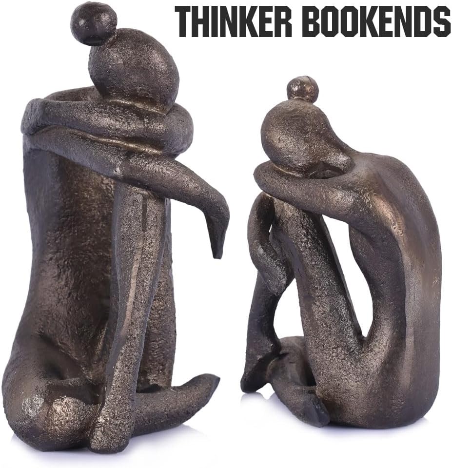 2-Piece Thinker Girl Decorative Bookends, Non-Skid Resin Book Stoppers