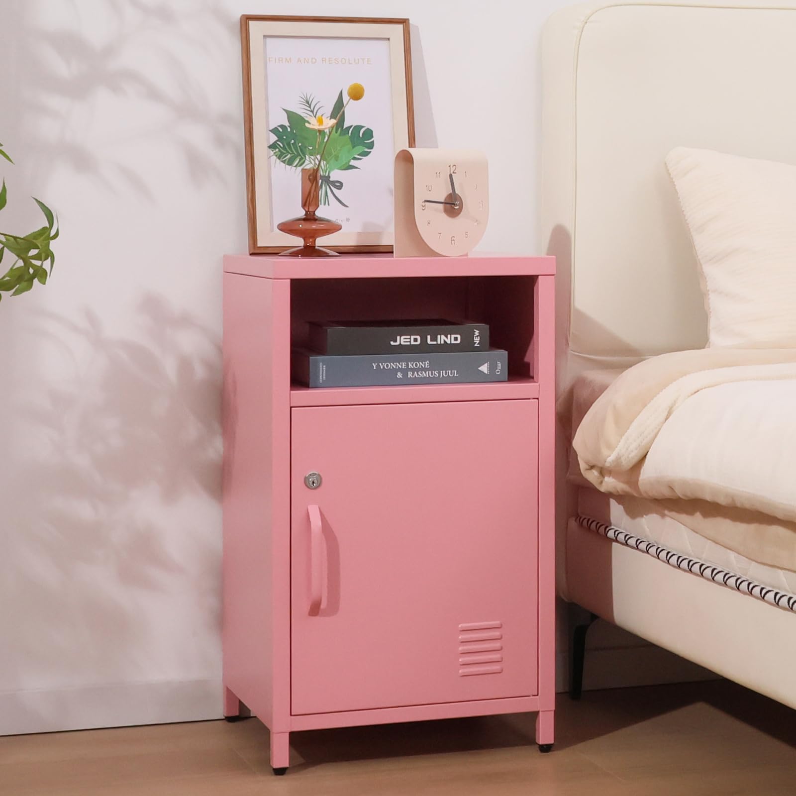 ALBAD Compact Metal Nightstand with Lockable Cabinet and Open Shelf, Modern Bedside Table, Versatile Side Table for Bedroom, Living Room, or Office (Black, 26" H-Lockable Door)