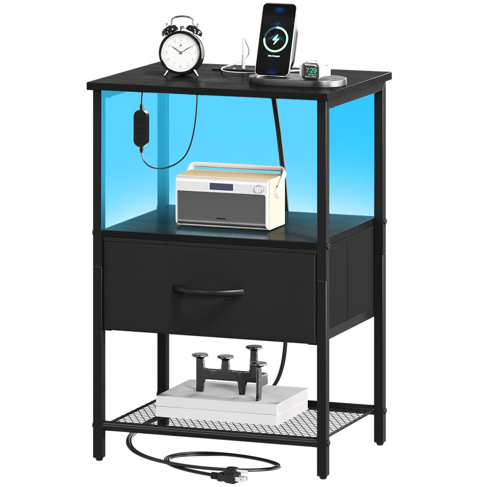Somdot Nightstand with Charging Station and LED Light for Bedroom, Bedside Table End Table for Dorm Guest Room Bedside Kids Laundry Closet Entryway Hallway, Black