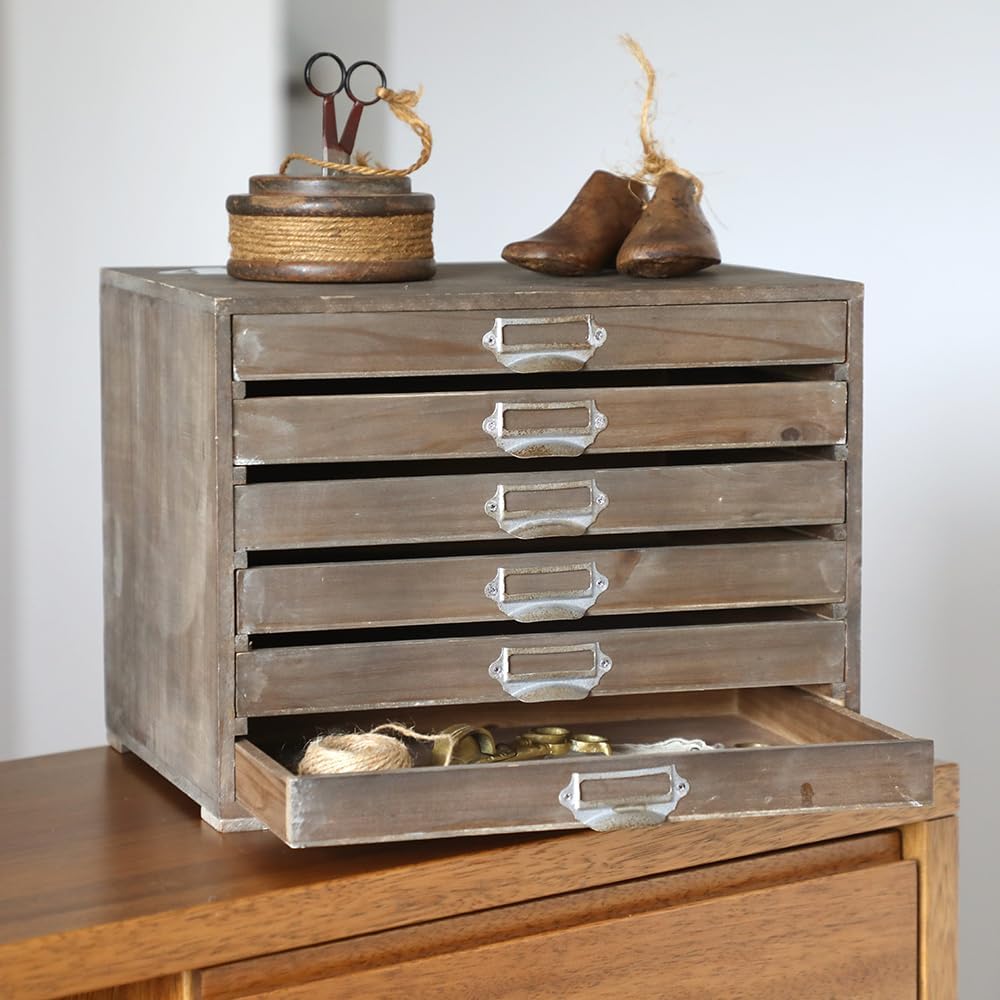 Vintage Wooden Storage Box Desktop Organizer Cabinet with 6 Drawers Rustic Farmhouse Distressed Decor Jewelry Cosmetics Craft Paper Small Tool Library Card Catalog Cabinet for Home Office Desk (Brown)