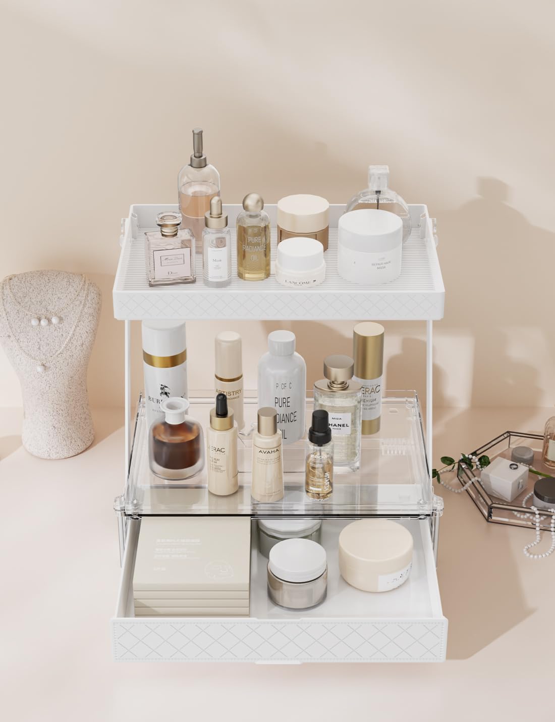 2-Tier Z-Shaped Acrylic Organizer with Drawer & Tray, Multi-use Storage for Bathroom Desk