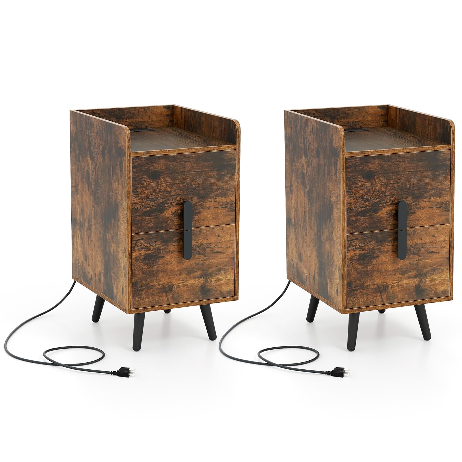 Giantex Nightstand with Charging Station Set of 2, Narrow End Table with 2 Drawers & Metal Gold Legs, Small Sofa Side Table w/USB & Type-C Port, 3 Outlets, Modern Night Stand for Small Spaces, White
