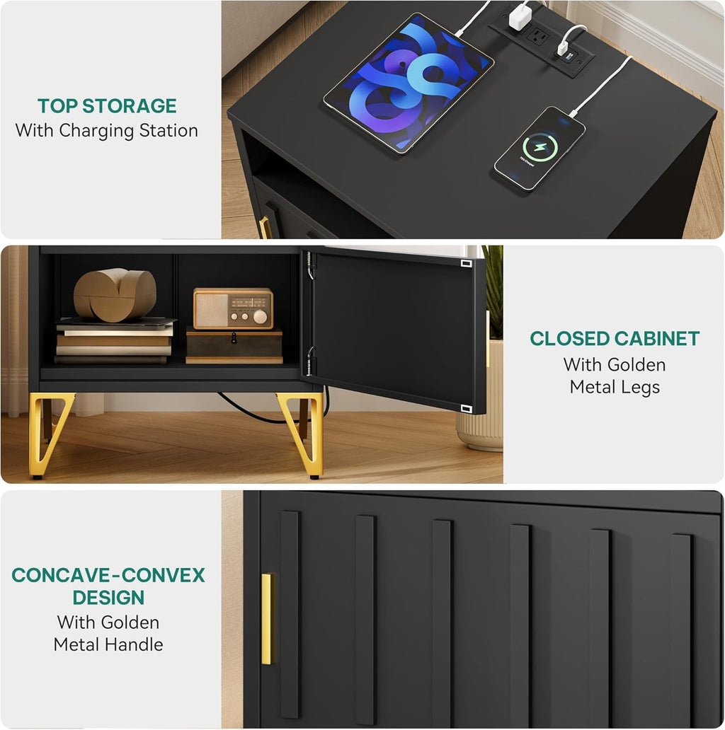 YITAHOME Night Stand Set 2, Fluted Nightstand with Charging Station, Metal Bedside Table with Storage Shelf, Modern End Tables for Bedroom Sofa Couch, Black