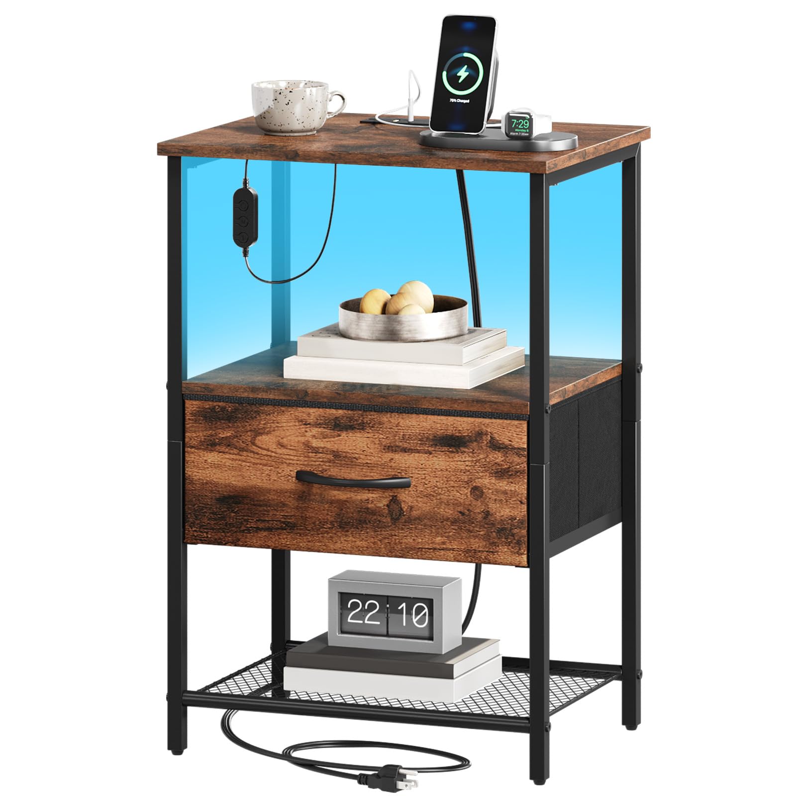 Somdot Nightstand with Charging Station and LED Light for Bedroom, Bedside Table End Table for Dorm Guest Room Bedside Kids Laundry Closet Entryway Hallway, Black