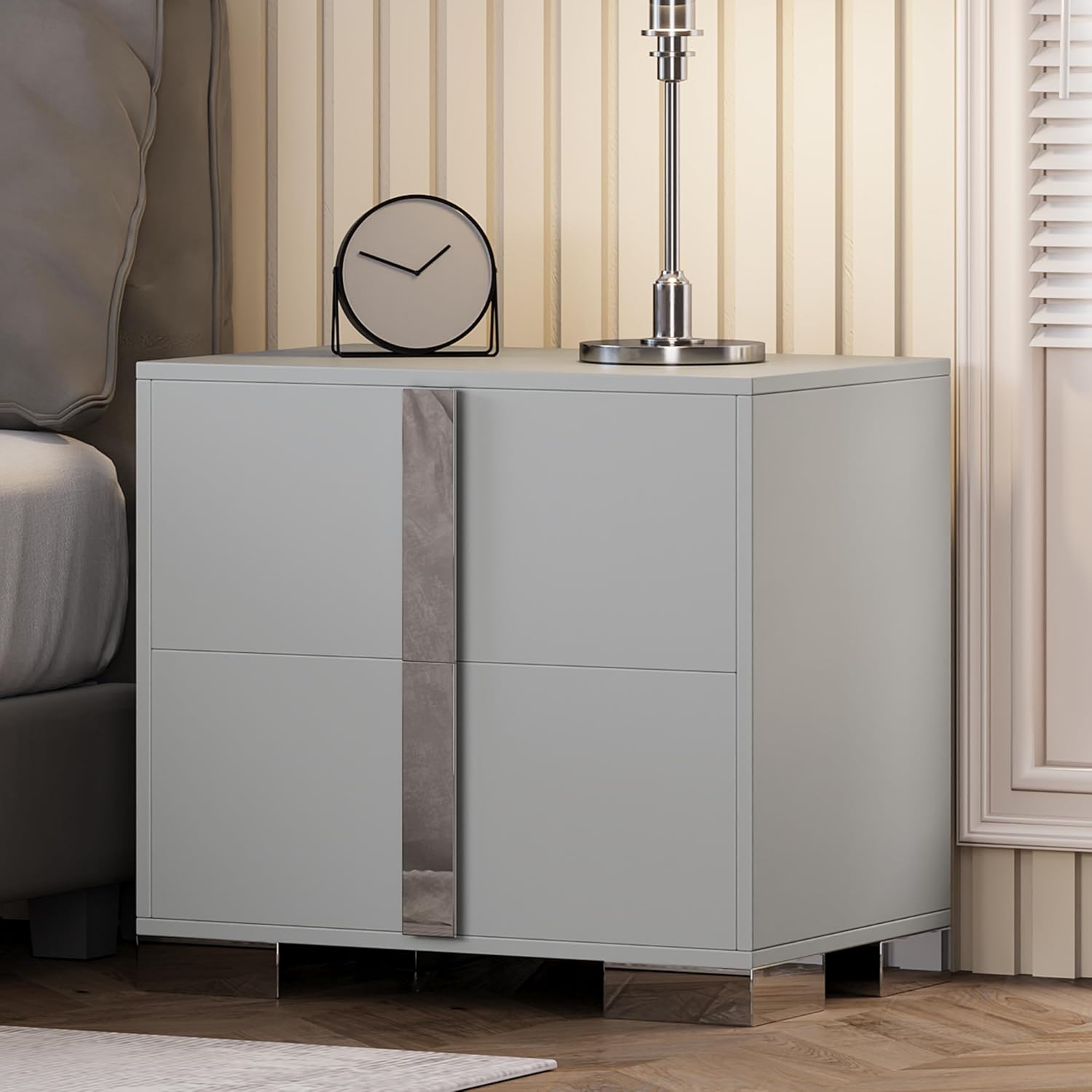 Linique Modern Nightstand with Metal Handle and Base, 2 Drawers Bed Side Table, Wooden End Table for Living Room, Grey