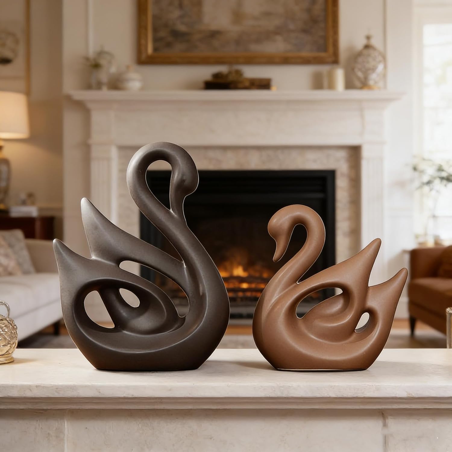 Ceramic Statue,Family Figurines,Creative Ceramic Decorative,Crafts Ornaments Home Decor,Memorial Gift for Parents,Suitable for Shelf,Bookself (Nordic swan)
