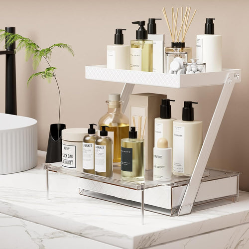 2-Tier Z-Shaped Acrylic Organizer with Drawer & Tray, Multi-use Storage for Bathroom Desk