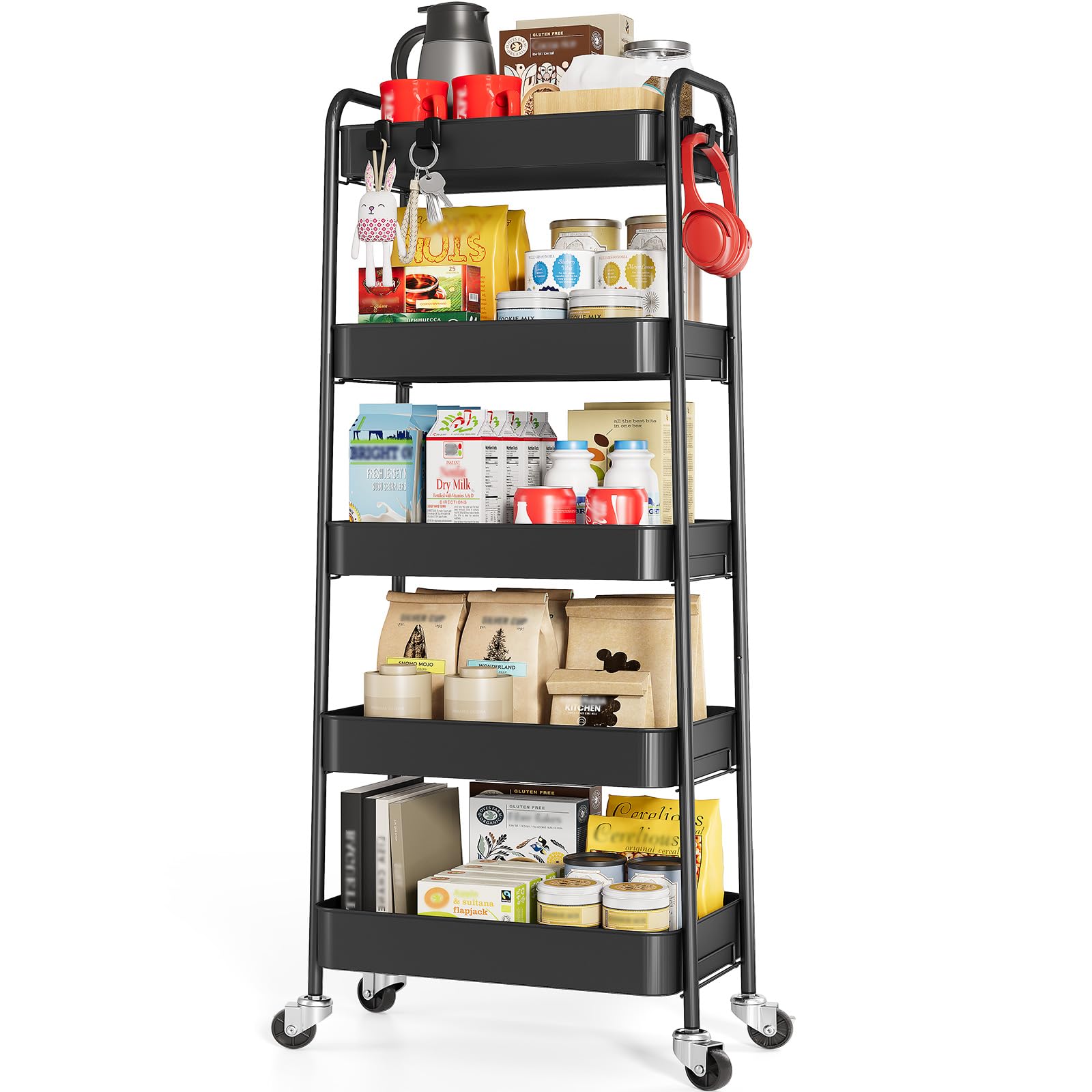TOOLF 3-Tier Rolling Cart - Metal Utility Storage Organizer with Lockable Wheels, 33 lbs Per Shelf, Tool-Free 5-Min Assembly, for Kitchen Bathroom Office Nursery Craft Room, White