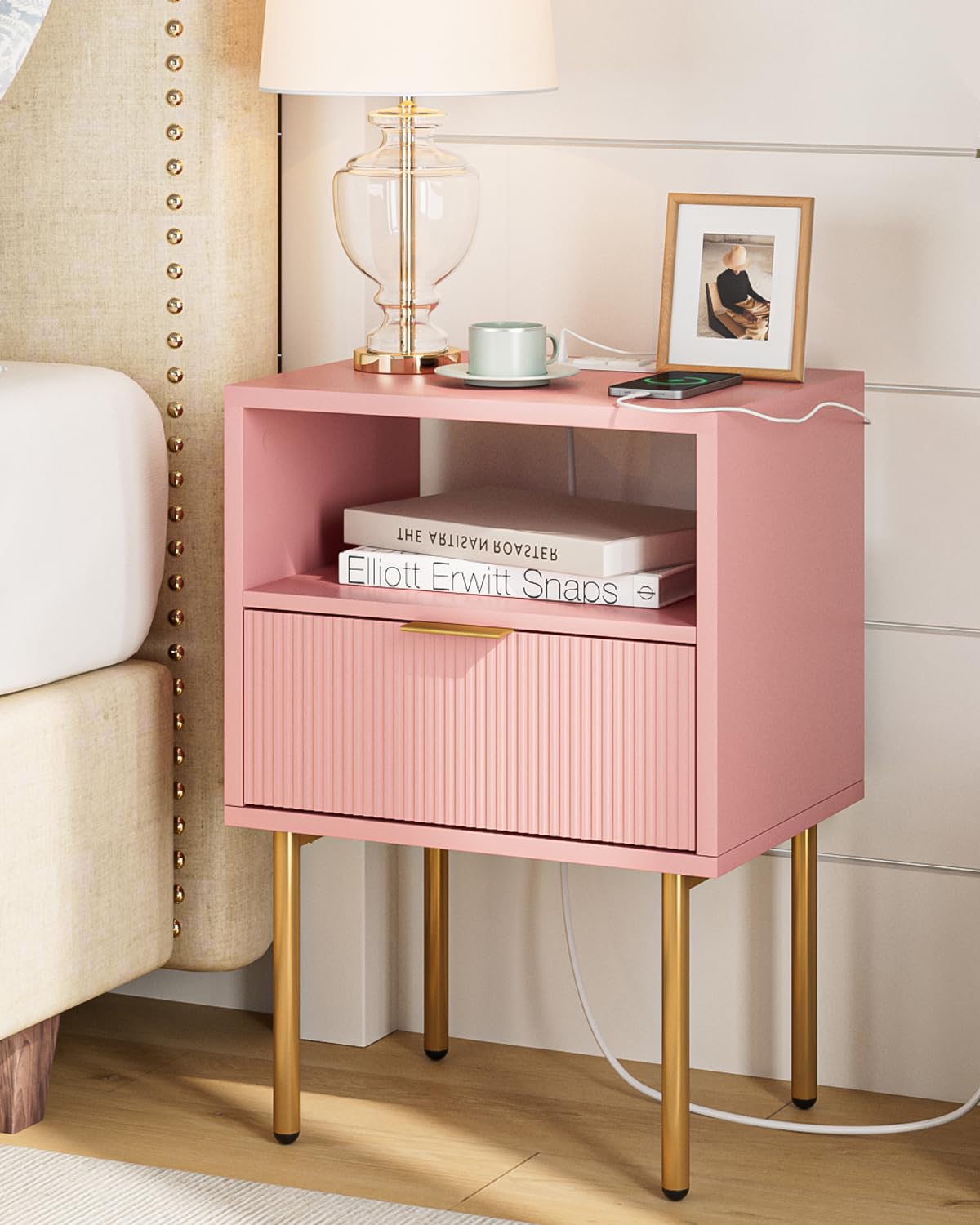 Masupu Nightstand with Charging Station,Mid-Century Modern Bedside Table with Storage Drawer and Open Wood Shelf,Small Gold Frame Side Table for Bedroom,Living Room (Black)