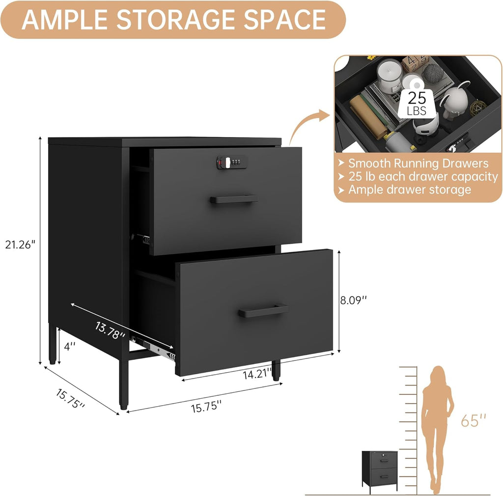 Steehoom Metal Nightstand,2 Drawer End Side Table Lockable Modern Locker Storage Cabinet for Living Room, Bedroom, Dorm, 21.26”H X 15.75”W X 15.75”D (2 Drawer, Black)