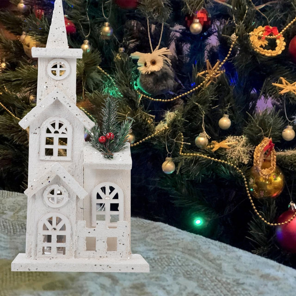 LABRIMP 1pc Luminous Wooden Castle Ornament Christmas Village House Lighted Desktop Decor for Holiday Party Home Adornment
