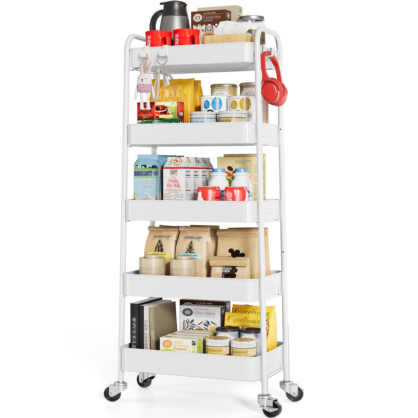 TOOLF 3-Tier Rolling Cart - Metal Utility Storage Organizer with Lockable Wheels, 33 lbs Per Shelf, Tool-Free 5-Min Assembly, for Kitchen Bathroom Office Nursery Craft Room, White