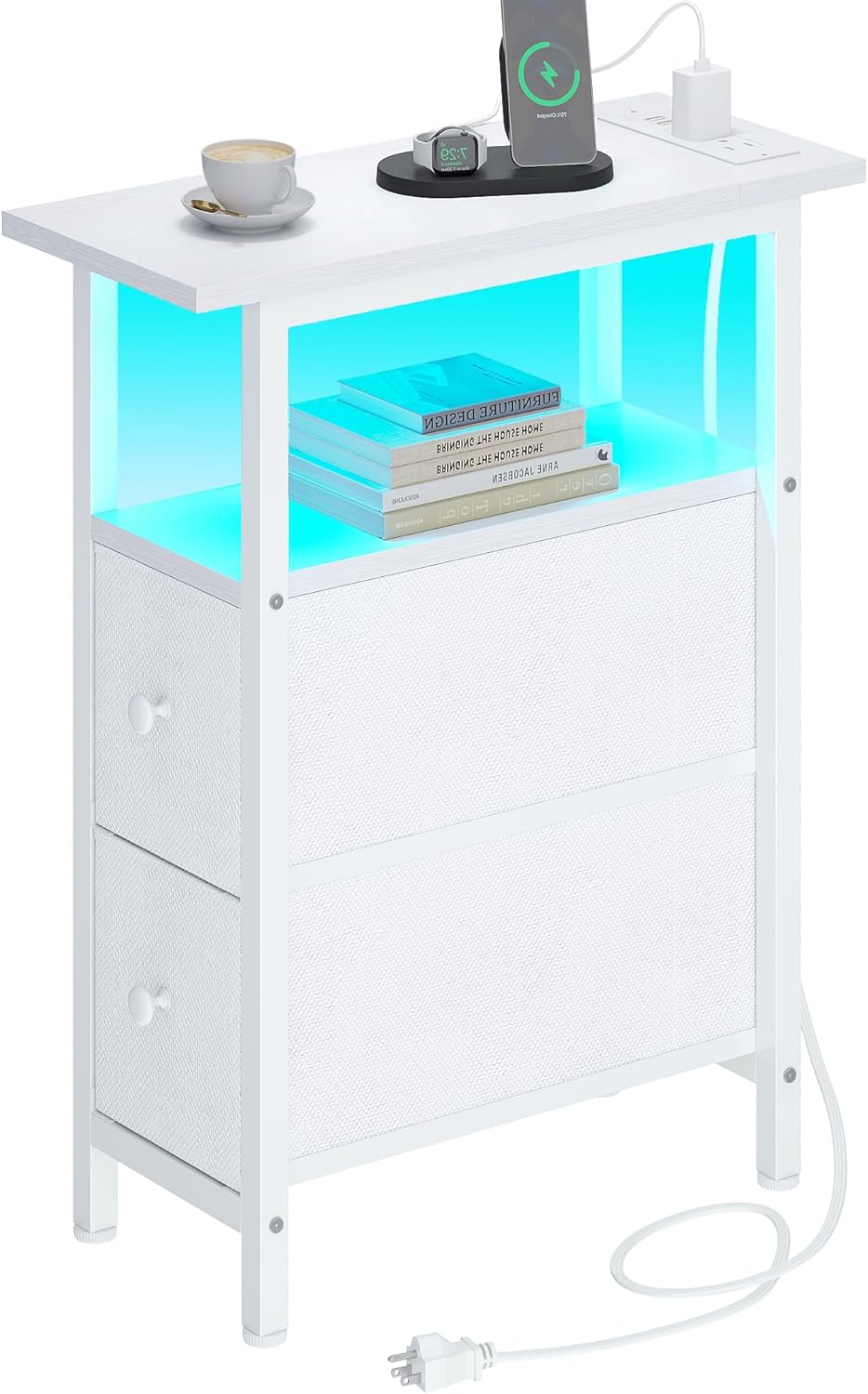 TRIFEBLE End Table with Charging Station, Narrow Side Table with 2 Fabric Drawers, Skinny Nightstand with LED Light, Slim Bedside Table for Bedroom, Living Room, Small Spaces, White