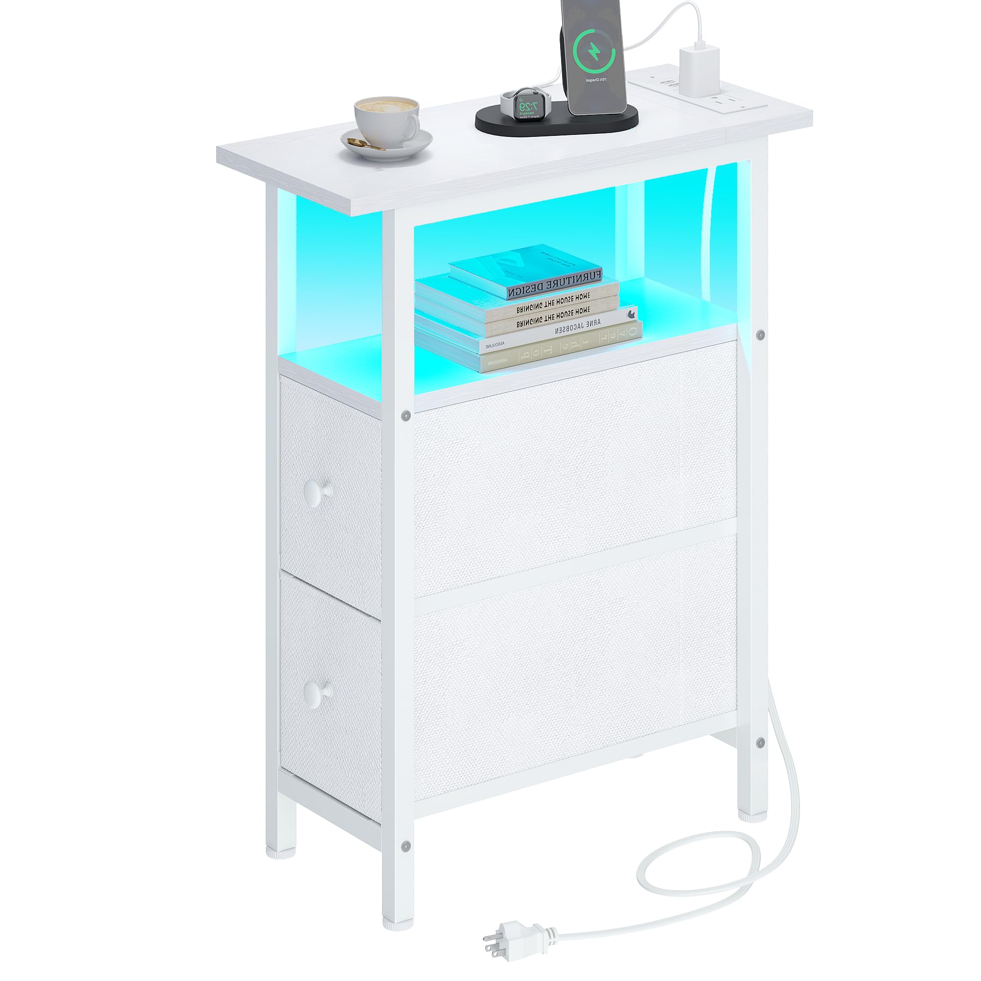 TRIFEBLE End Table with Charging Station, Narrow Side Table with 2 Fabric Drawers, Skinny Nightstand with LED Light, Slim Bedside Table for Bedroom, Living Room, Small Spaces, White
