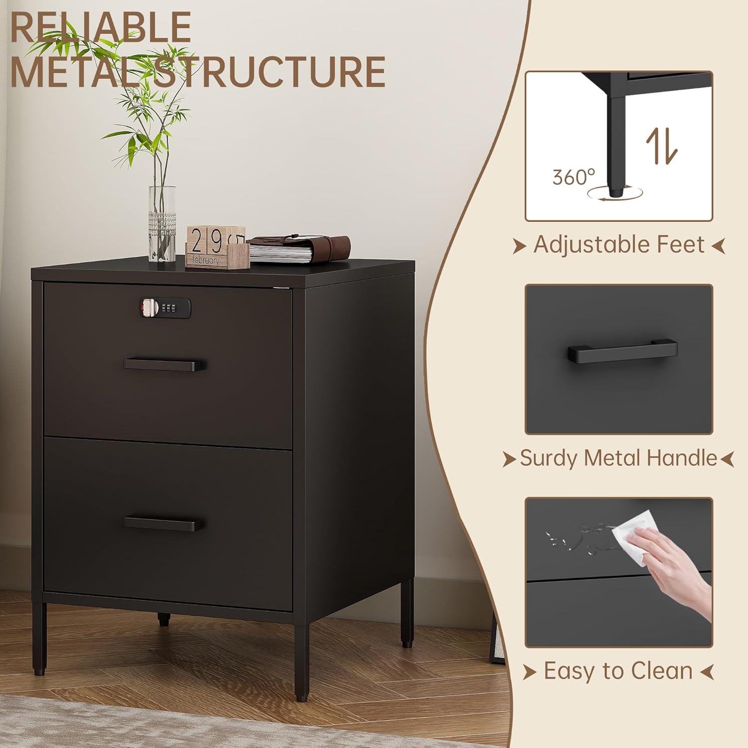 Steehoom Metal Nightstand,2 Drawer End Side Table Lockable Modern Locker Storage Cabinet for Living Room, Bedroom, Dorm, 21.26”H X 15.75”W X 15.75”D (2 Drawer, Black)