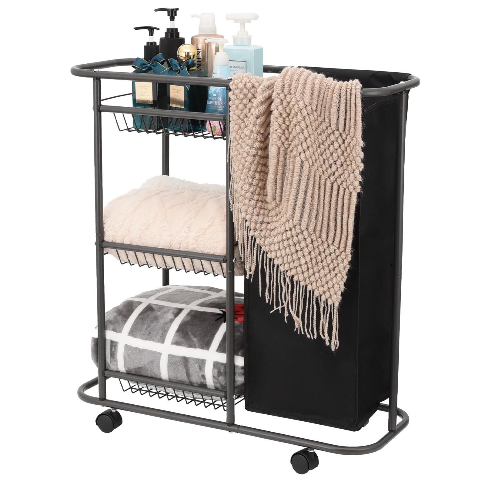 Rolling Laundry Sorter with 3 Storage Baskets and 45 L Bag, 3-Tier Laundry Caddy Between Washer and Dryer,Laundry Room Organization with Wheels and Handle for Narrow Space Bathroom Apartment Dorm