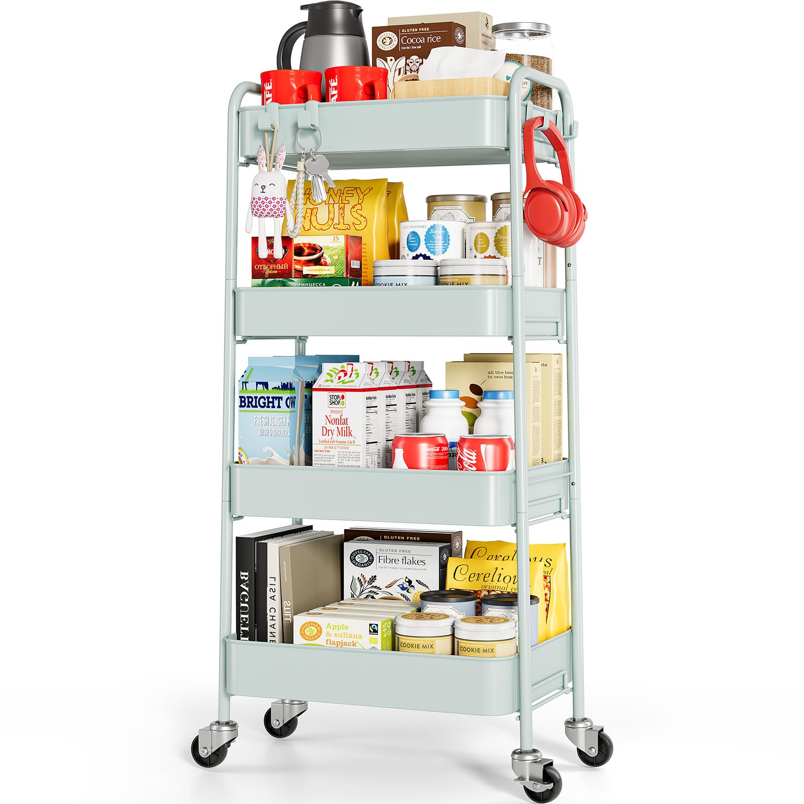 TOOLF 3-Tier Rolling Cart - Metal Utility Storage Organizer with Lockable Wheels, 33 lbs Per Shelf, Tool-Free 5-Min Assembly, for Kitchen Bathroom Office Nursery Craft Room, White