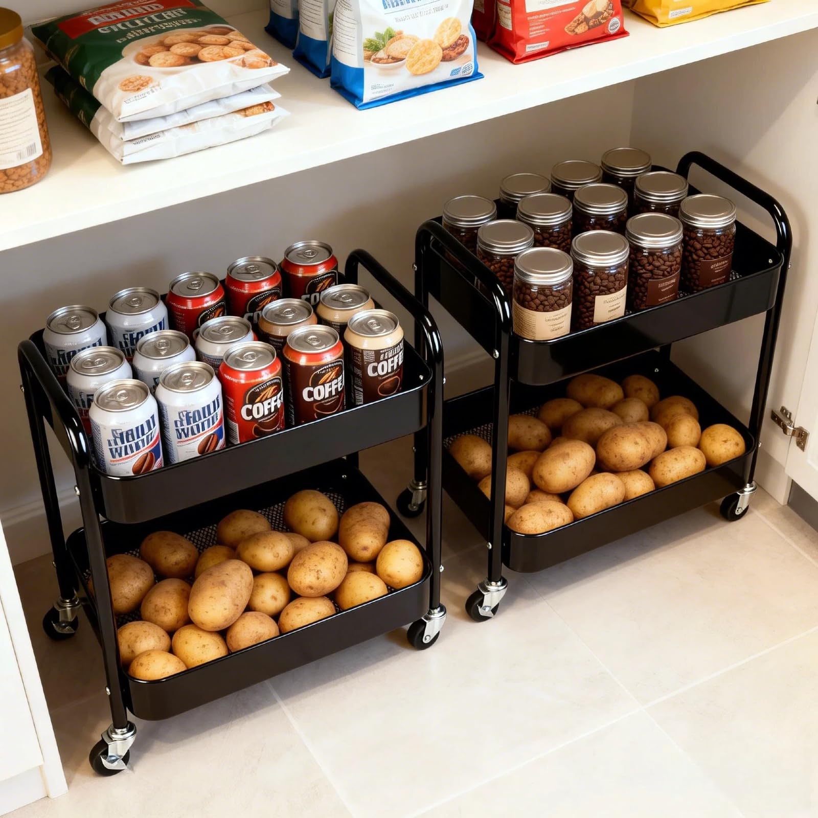 2 Tier Under Desk Storage Cart with Wheels Heavy Duty Metal Short Rolling Pantry Storage Cart for Small Space, Utility Trolley for Kitchen Bathroom Laundry Cute Snack Craft Organizer, White