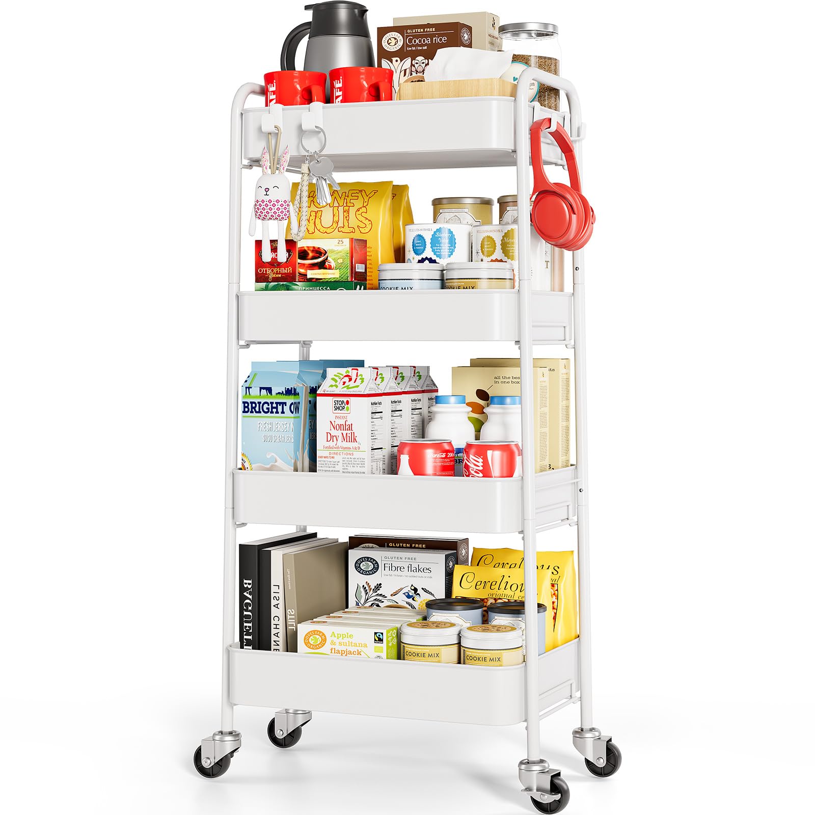 TOOLF 3-Tier Rolling Cart - Metal Utility Storage Organizer with Lockable Wheels, 33 lbs Per Shelf, Tool-Free 5-Min Assembly, for Kitchen Bathroom Office Nursery Craft Room, White