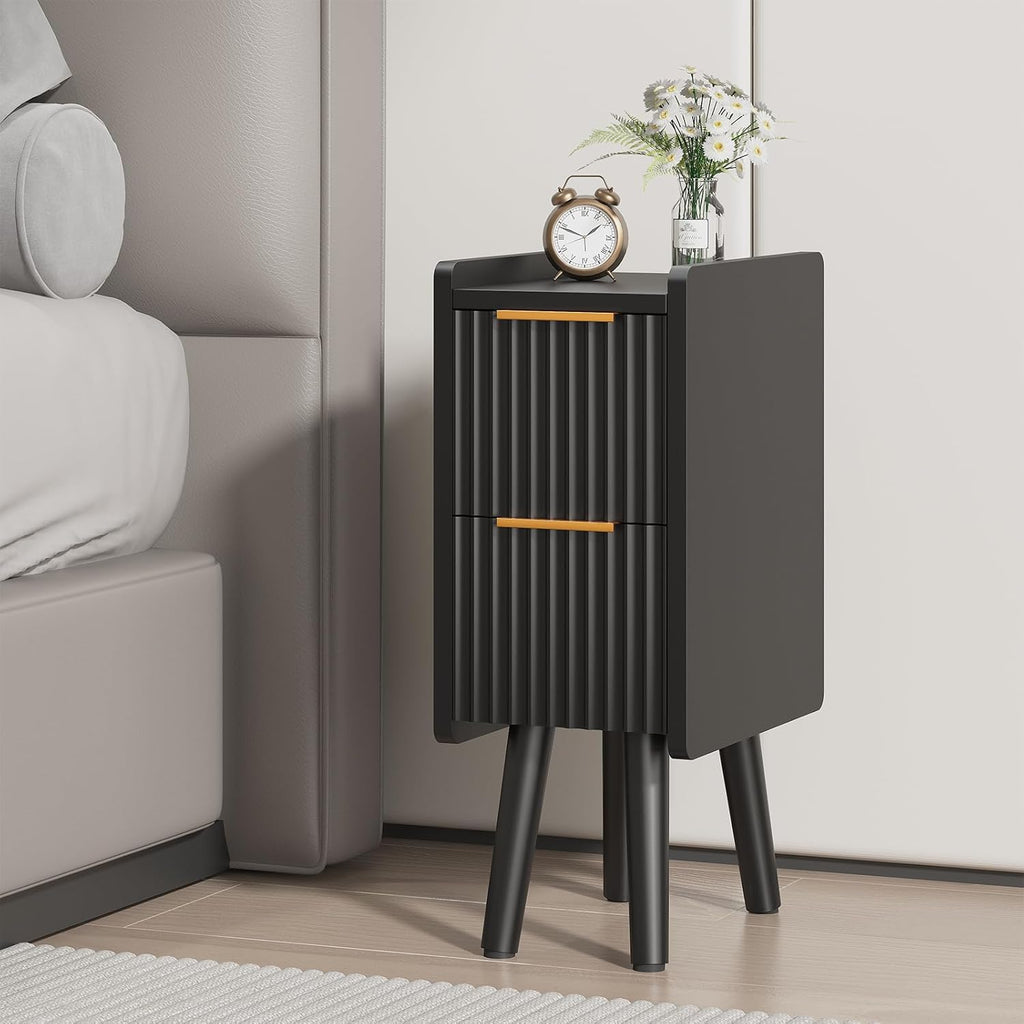 ELYKEN 7.9" Narrow Side Table, 20.6" H Fluted Nightstand with Drawers, Wooden Small End Table for Small Spaces, Modern Skinny Bedside Table, Slim Nightstand for Bedroom, Black