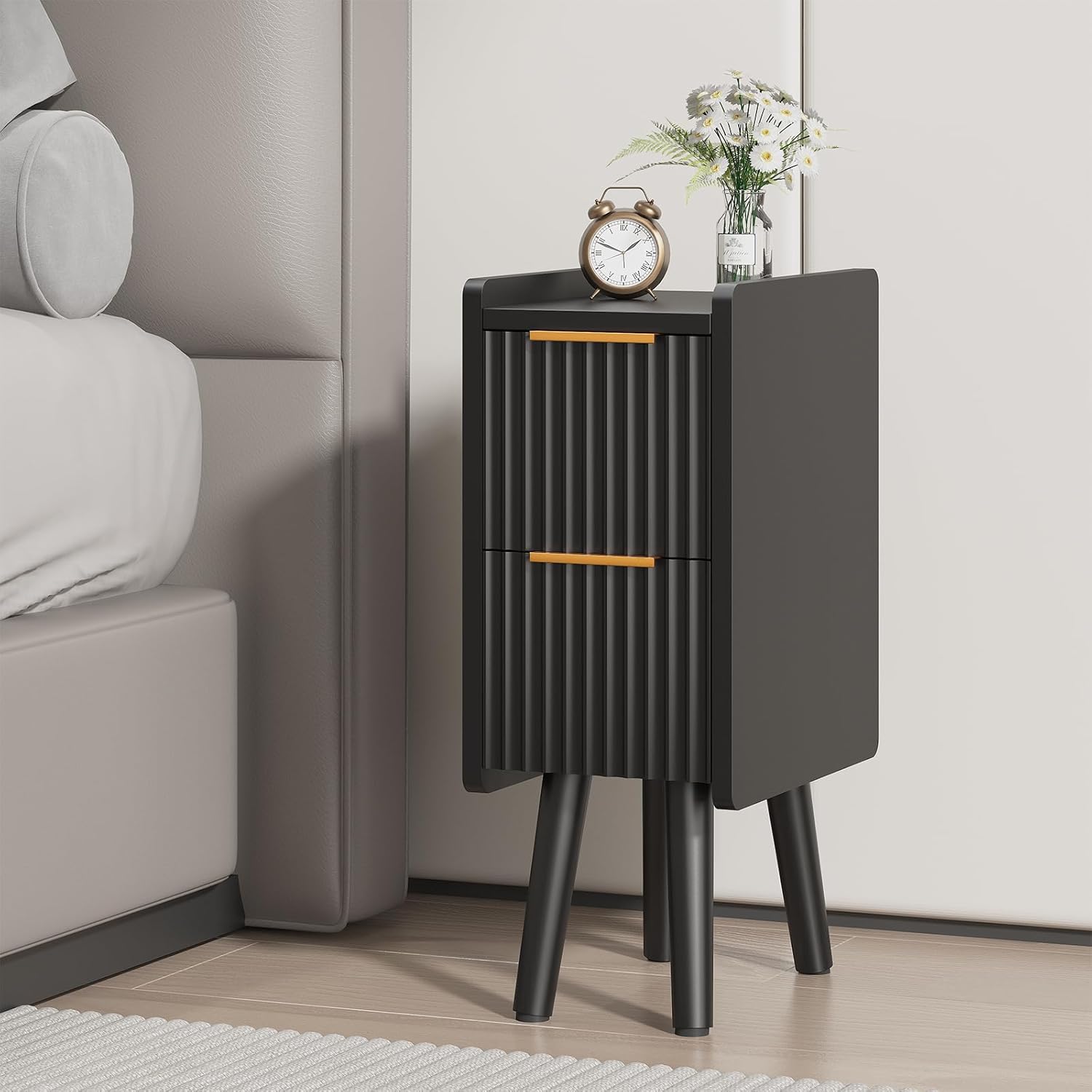 ELYKEN 7.9" Narrow Side Table, 20.6" H Fluted Nightstand with Drawers, Wooden Small End Table for Small Spaces, Modern Skinny Bedside Table, Slim Nightstand for Bedroom, Black