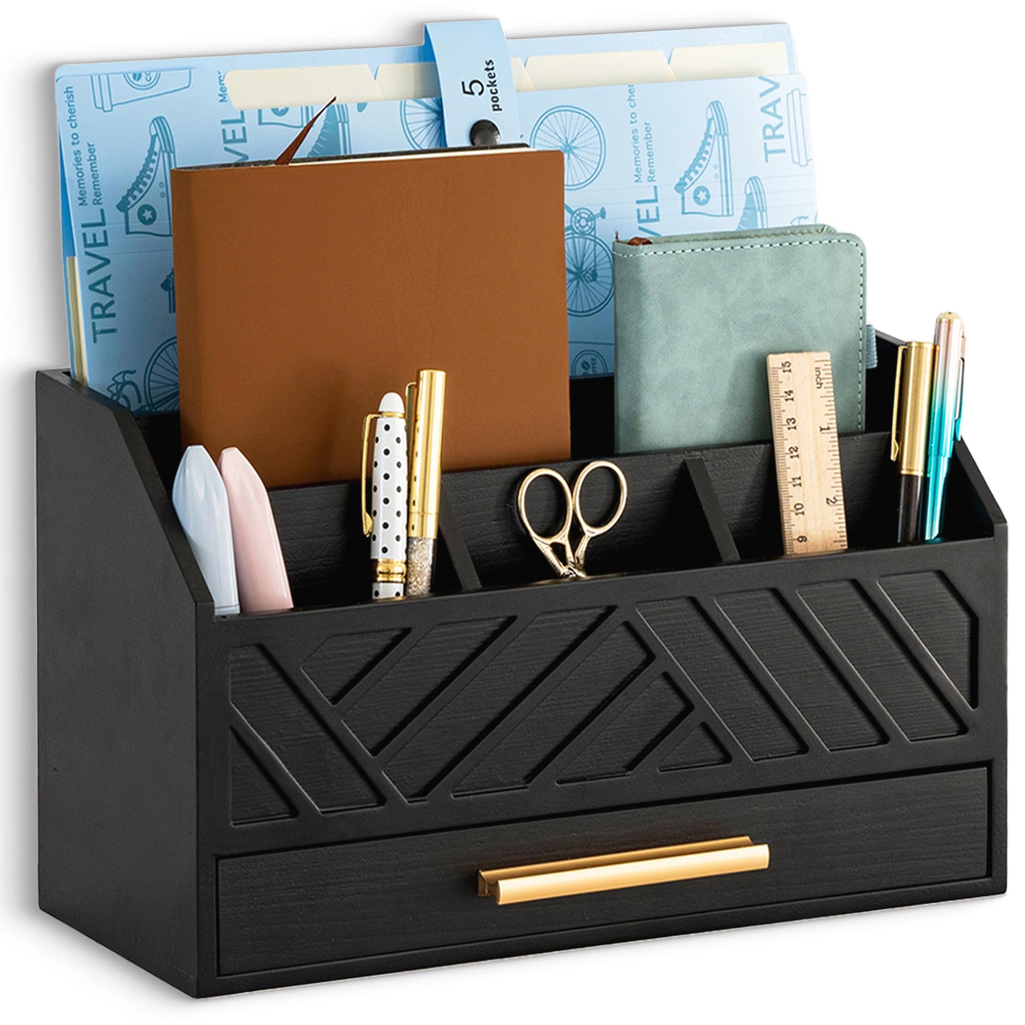 dreampossible Brown Wood Desk Organizer and Accessories with Drawer, Bill Mail Organizer and File Mail Holder for Office Supplies, Modern Desk Accessories & Workspace Organizers for Desk Organization