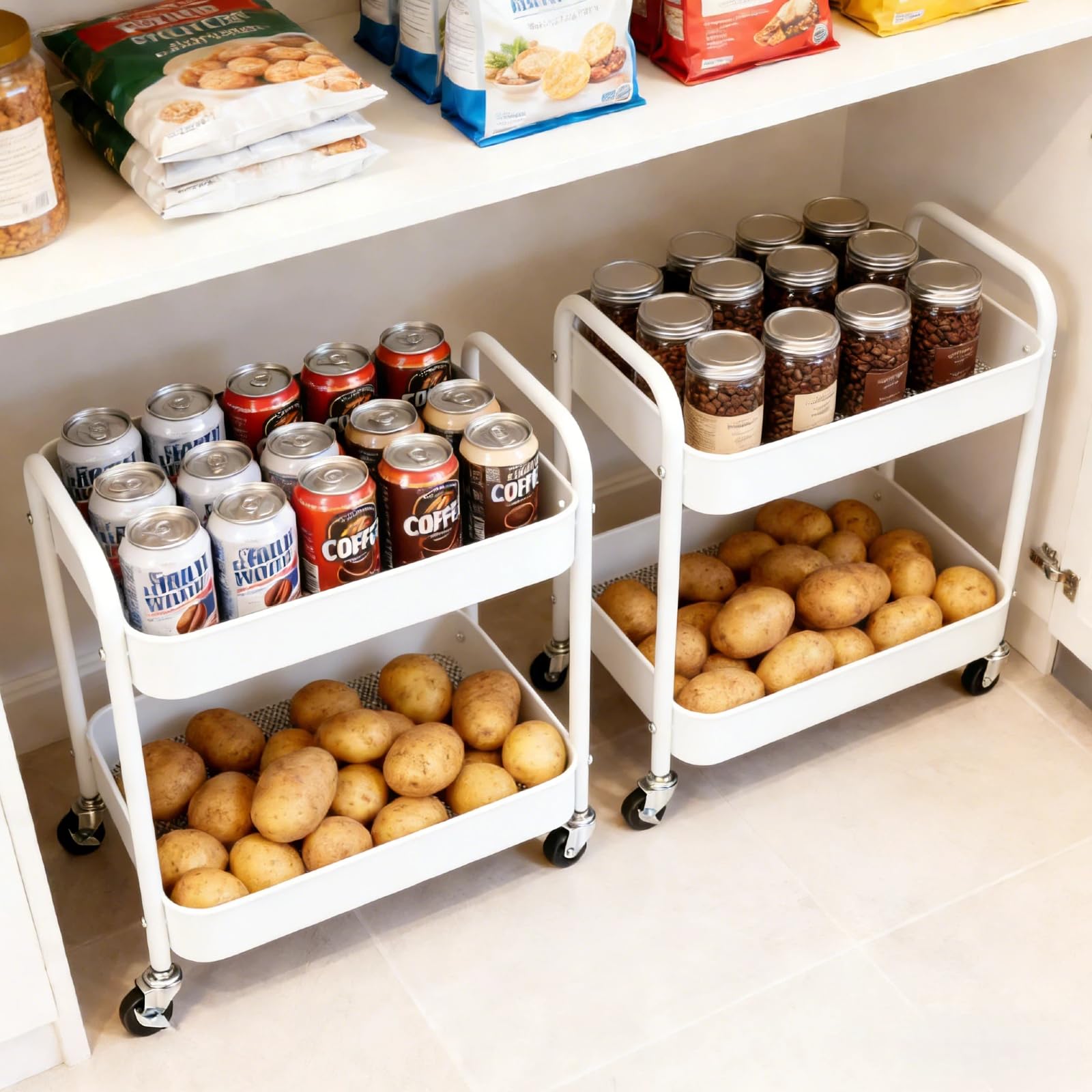 2 Tier Under Desk Storage Cart with Wheels Heavy Duty Metal Short Rolling Pantry Storage Cart for Small Space, Utility Trolley for Kitchen Bathroom Laundry Cute Snack Craft Organizer, White