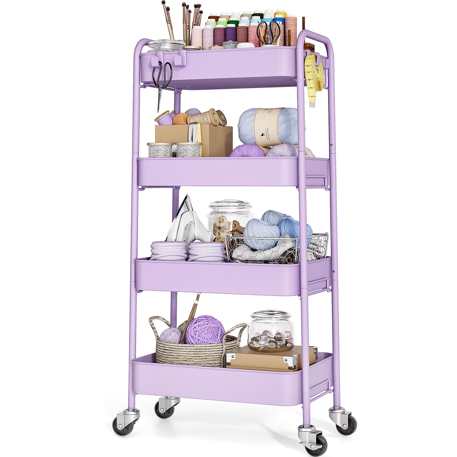 TOOLF 3-Tier Rolling Cart - Metal Utility Storage Organizer with Lockable Wheels, 33 lbs Per Shelf, Tool-Free 5-Min Assembly, for Kitchen Bathroom Office Nursery Craft Room, White
