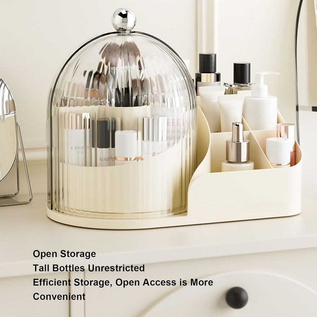 Clear White Plastic 360 Degree Rotating Cosmetic Organizer with Dust Lid Multi Compartment Makeup Brush Lipstick Storage Holder for Vanity Bathroom Desktop