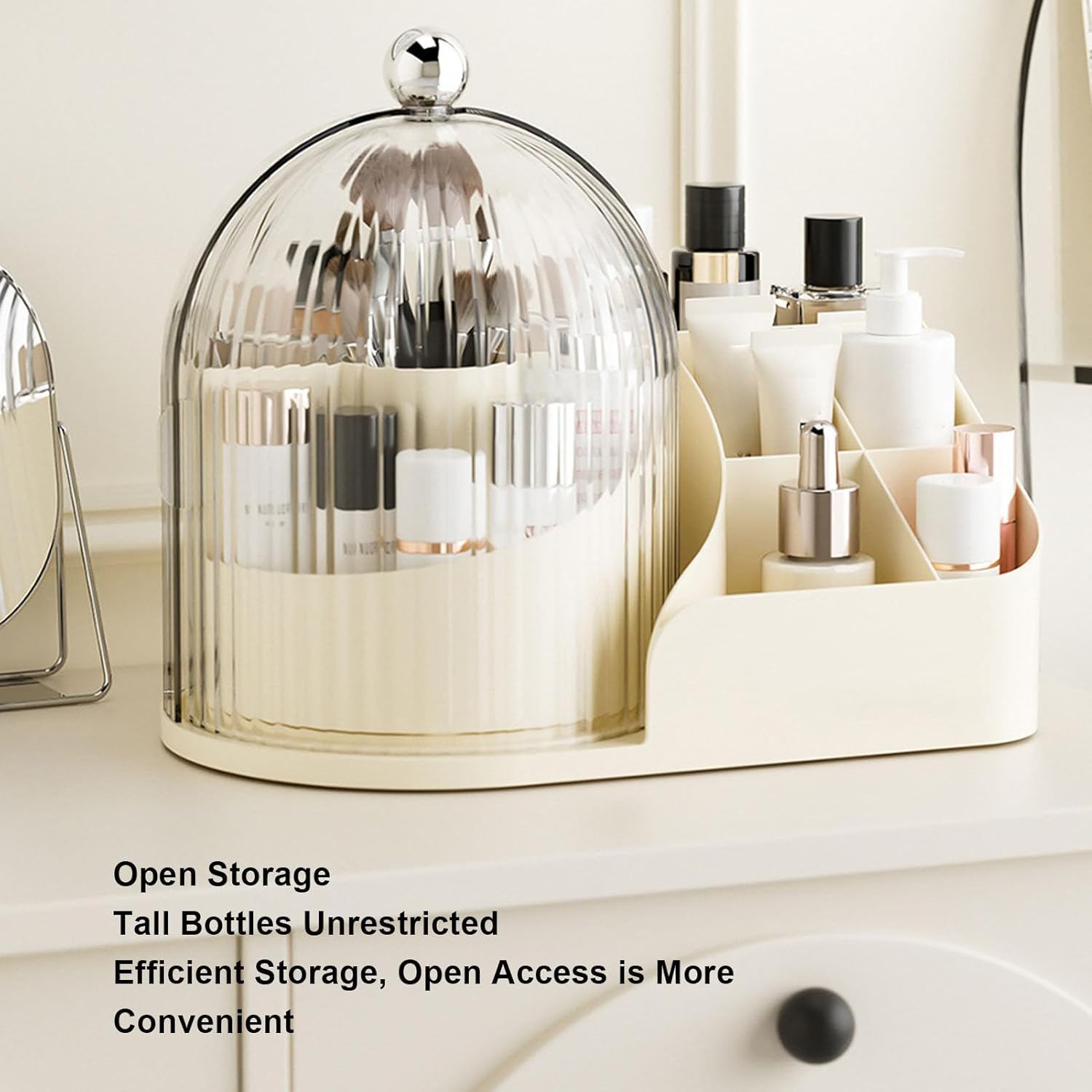 Clear White Plastic 360 Degree Rotating Cosmetic Organizer with Dust Lid Multi Compartment Makeup Brush Lipstick Storage Holder for Vanity Bathroom Desktop