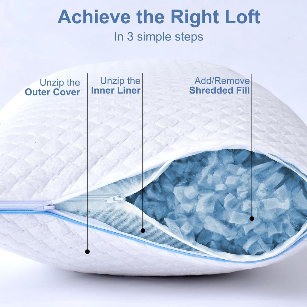 Shredded Memory Foam Pillows for Sleeping 2 Pack - Cooling Bed Pillows Standard Size Set of 2 - Firm Pillow for Side and Back Sleepers Adjustable Gel Pillow with Removable Cover