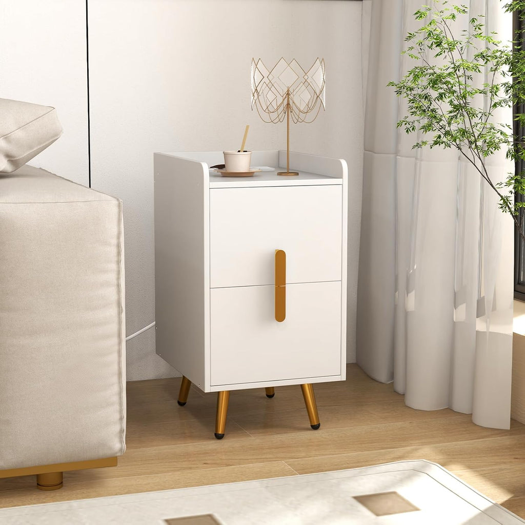 Giantex Nightstand with Charging Station Set of 2, Narrow End Table with 2 Drawers & Metal Gold Legs, Small Sofa Side Table w/USB & Type-C Port, 3 Outlets, Modern Night Stand for Small Spaces, White