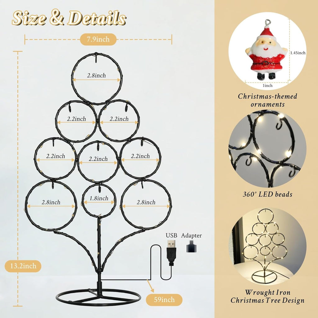 Tabletop Christmas Tree-Ornament Display Stand, 13.19-inch Metal Christmas Tree Wrought Iron with LED Lights, Suitable for Desktop Decoration, Home Decoration, Ornament Display Standparty Giftsi.