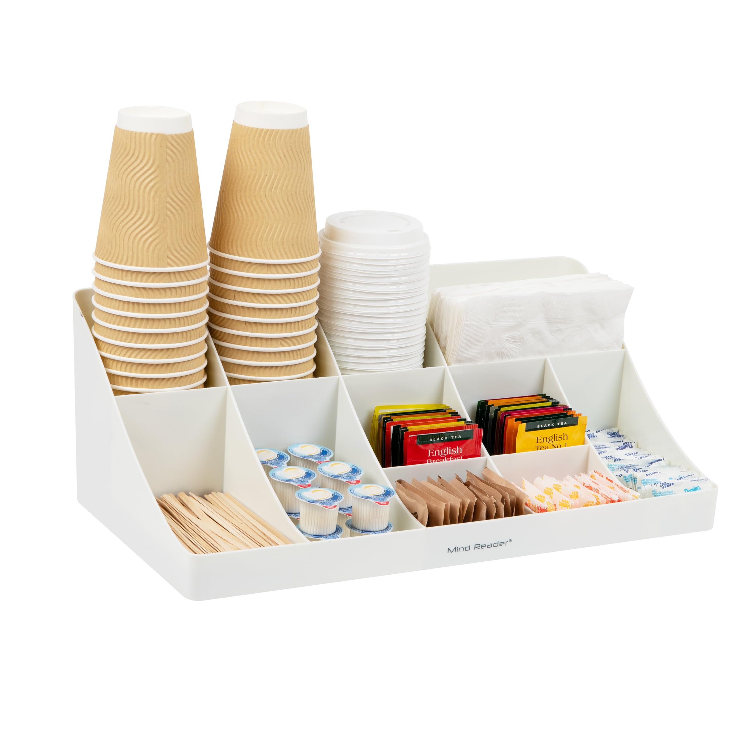 Mind Reader Countertop Organizer, 2 Tier Mesh Storage Caddy with 11 Compartments for Office Supplies, Breakroom Essentials, and Snacks