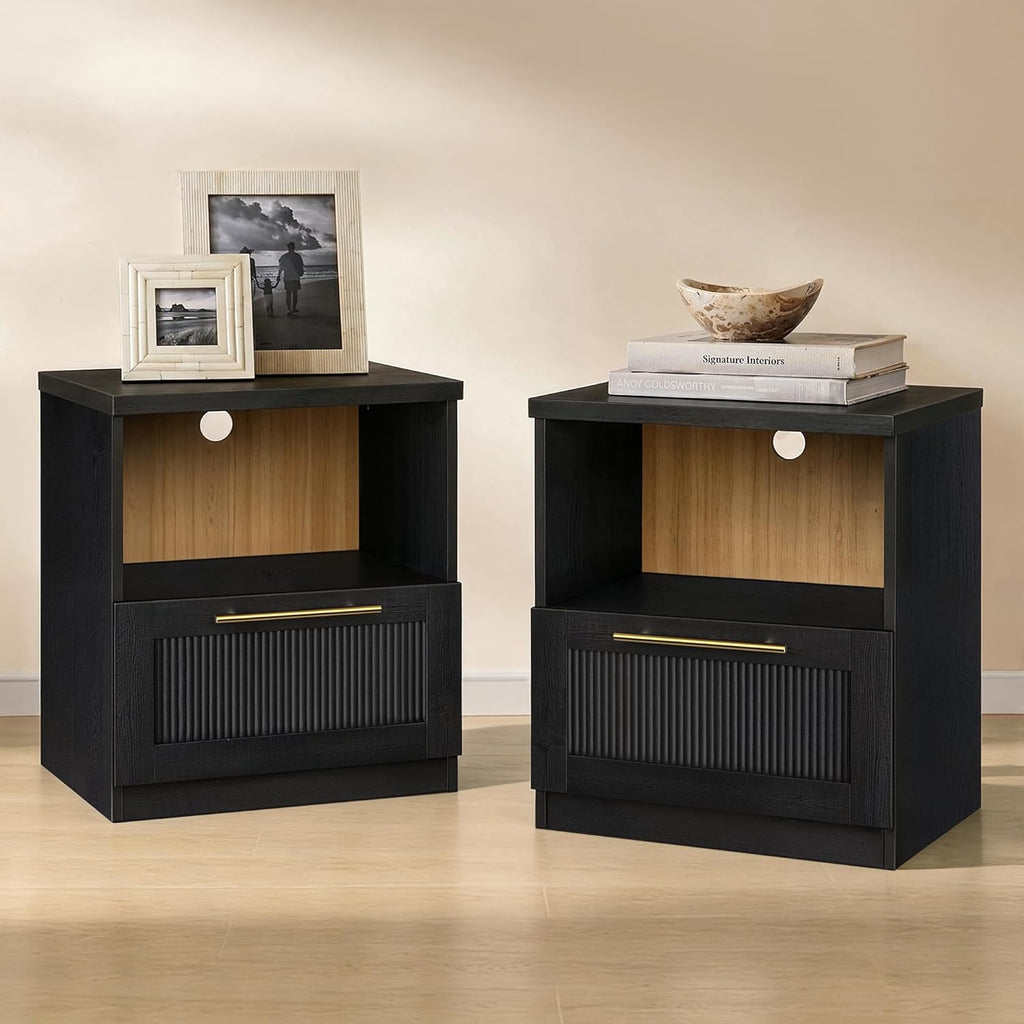 ModernMate Set of 2 Nightstands, 18.5" Modular Bedside Tables with Soft-Close Drawer and Open Shelf, Modern Accent End Side Tables for Living Room, Bedroom, Black
