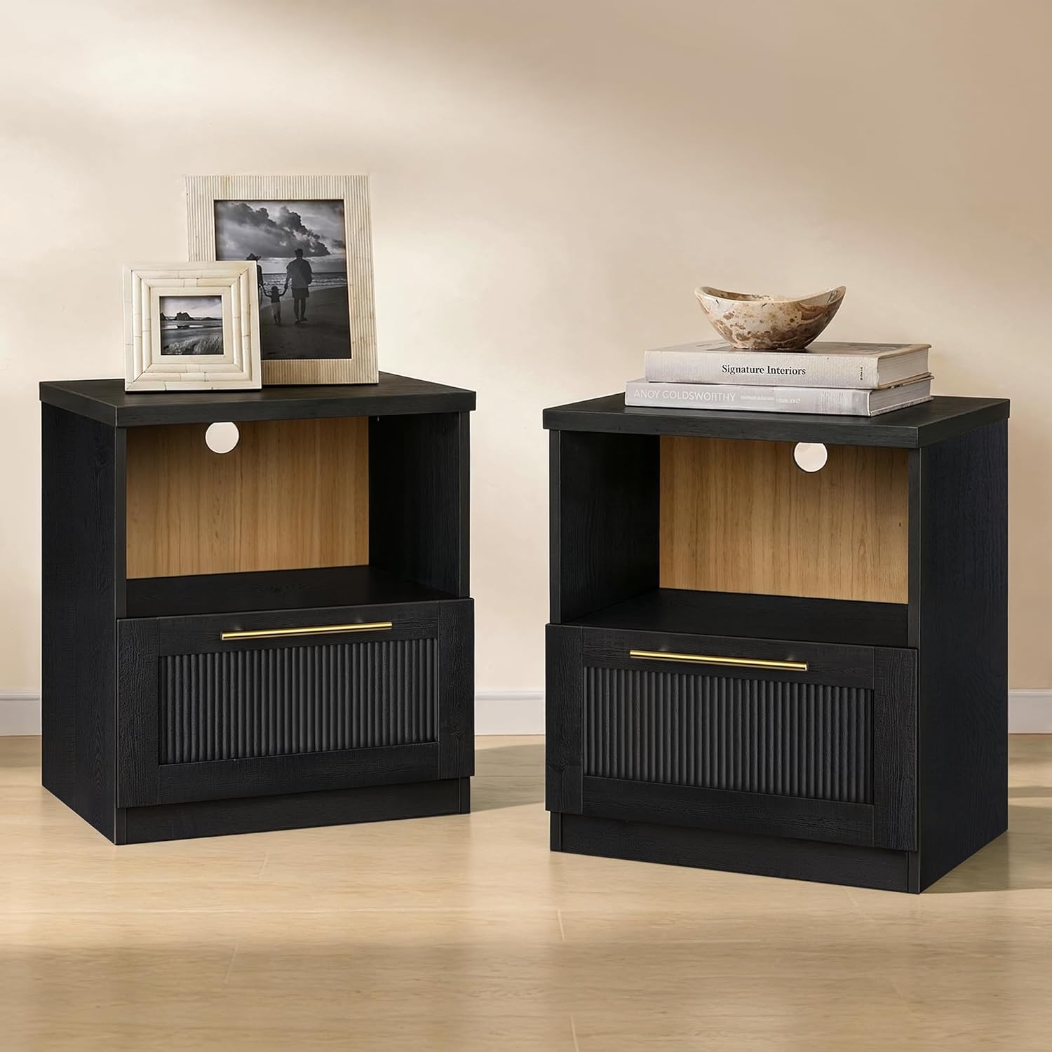 ModernMate Set of 2 Nightstands, 18.5" Modular Bedside Tables with Soft-Close Drawer and Open Shelf, Modern Accent End Side Tables for Living Room, Bedroom, Black