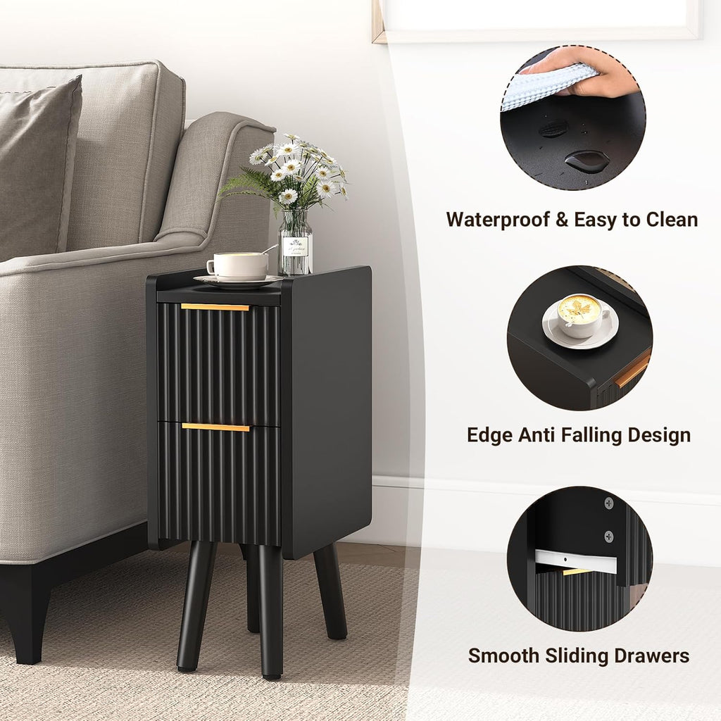 ELYKEN 7.9" Narrow Side Table, 20.6" H Fluted Nightstand with Drawers, Wooden Small End Table for Small Spaces, Modern Skinny Bedside Table, Slim Nightstand for Bedroom, Black