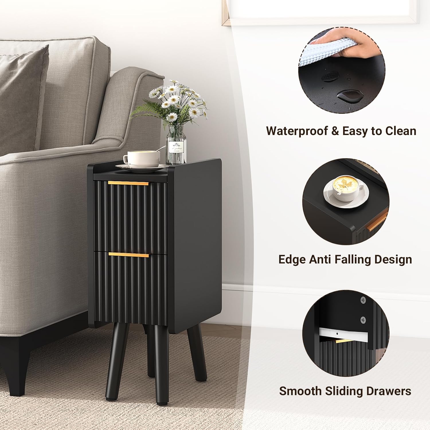 ELYKEN 7.9" Narrow Side Table, 20.6" H Fluted Nightstand with Drawers, Wooden Small End Table for Small Spaces, Modern Skinny Bedside Table, Slim Nightstand for Bedroom, Black