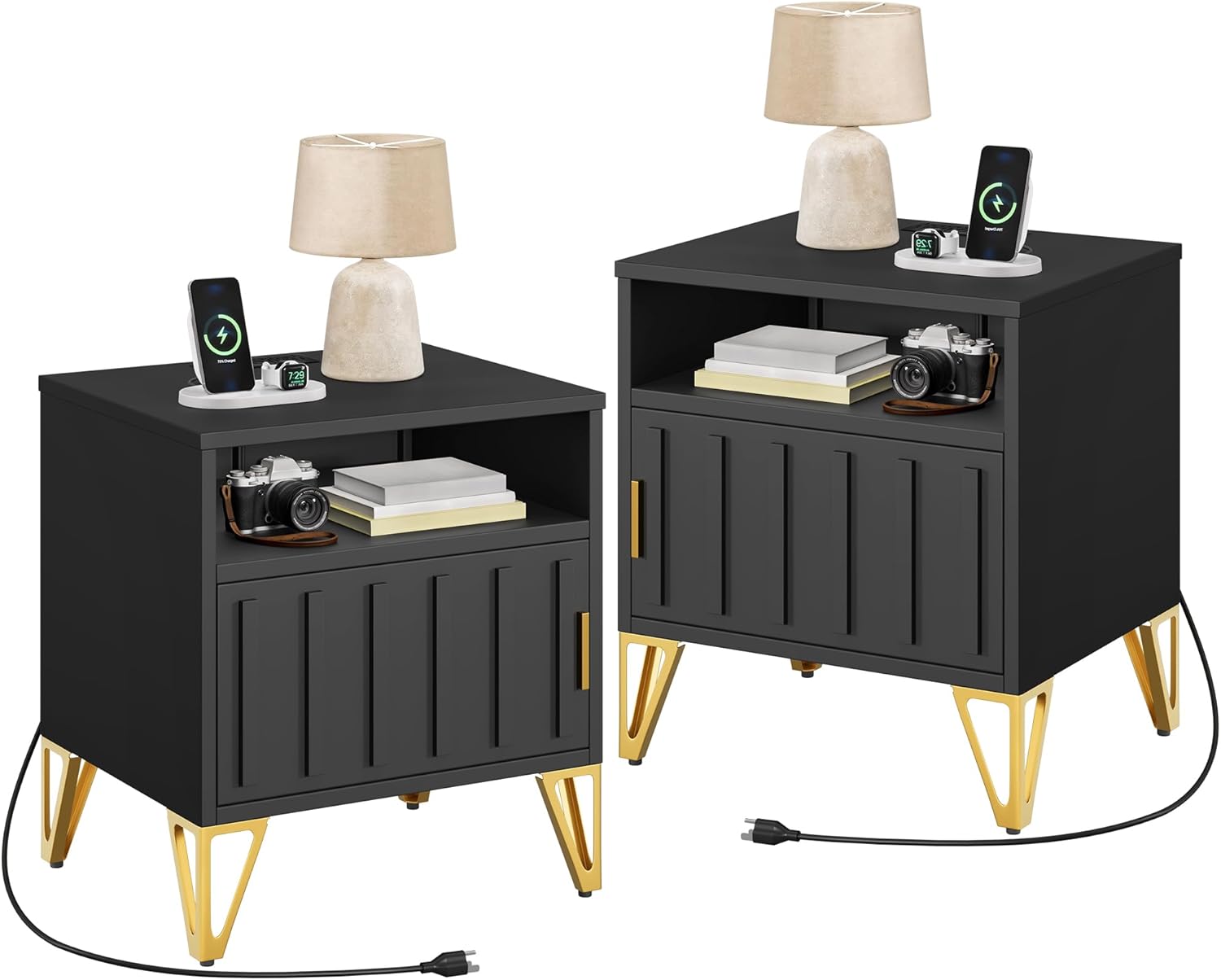YITAHOME Night Stand Set 2, Fluted Nightstand with Charging Station, Metal Bedside Table with Storage Shelf, Modern End Tables for Bedroom Sofa Couch, Black