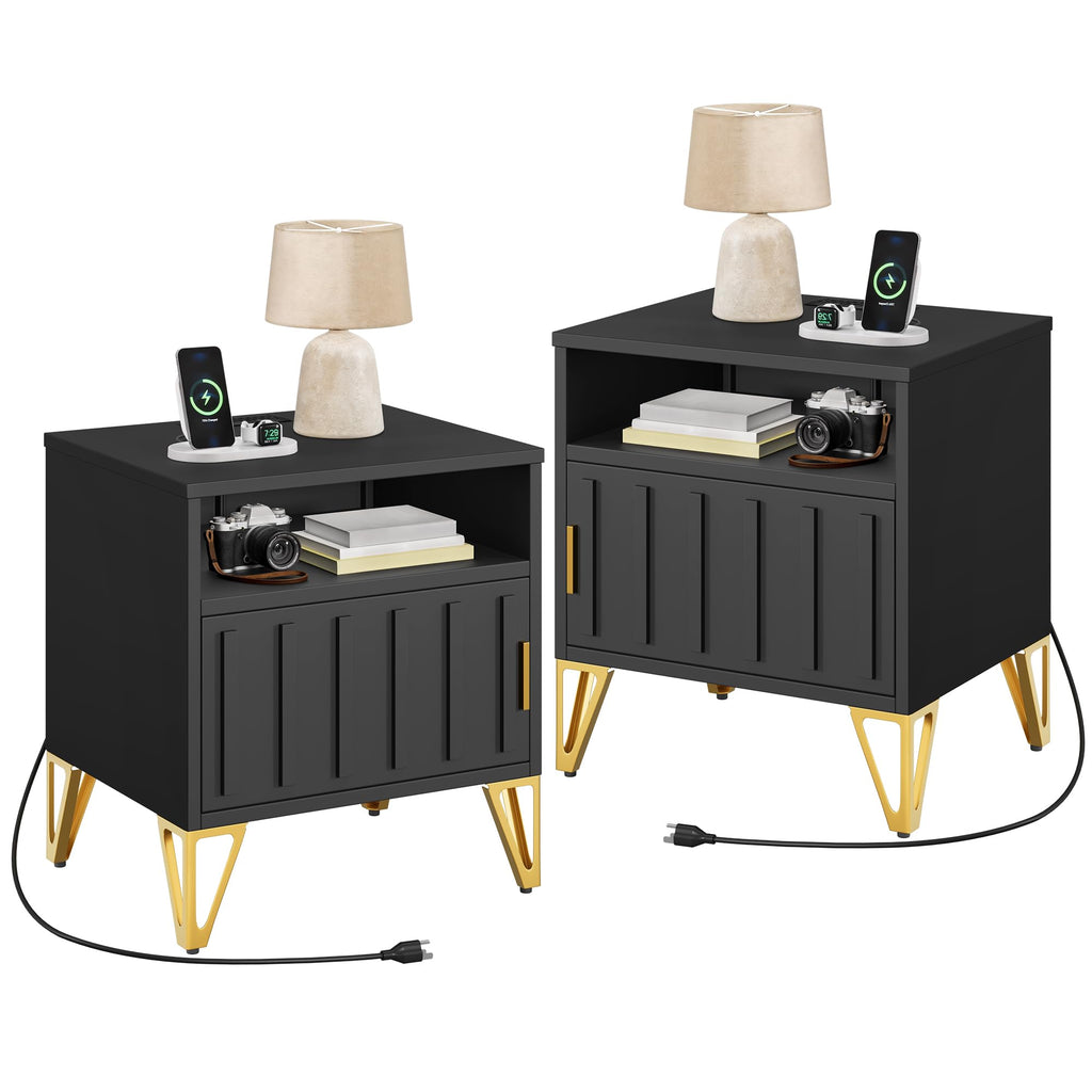 YITAHOME Night Stand Set 2, Fluted Nightstand with Charging Station, Metal Bedside Table with Storage Shelf, Modern End Tables for Bedroom Sofa Couch, Black