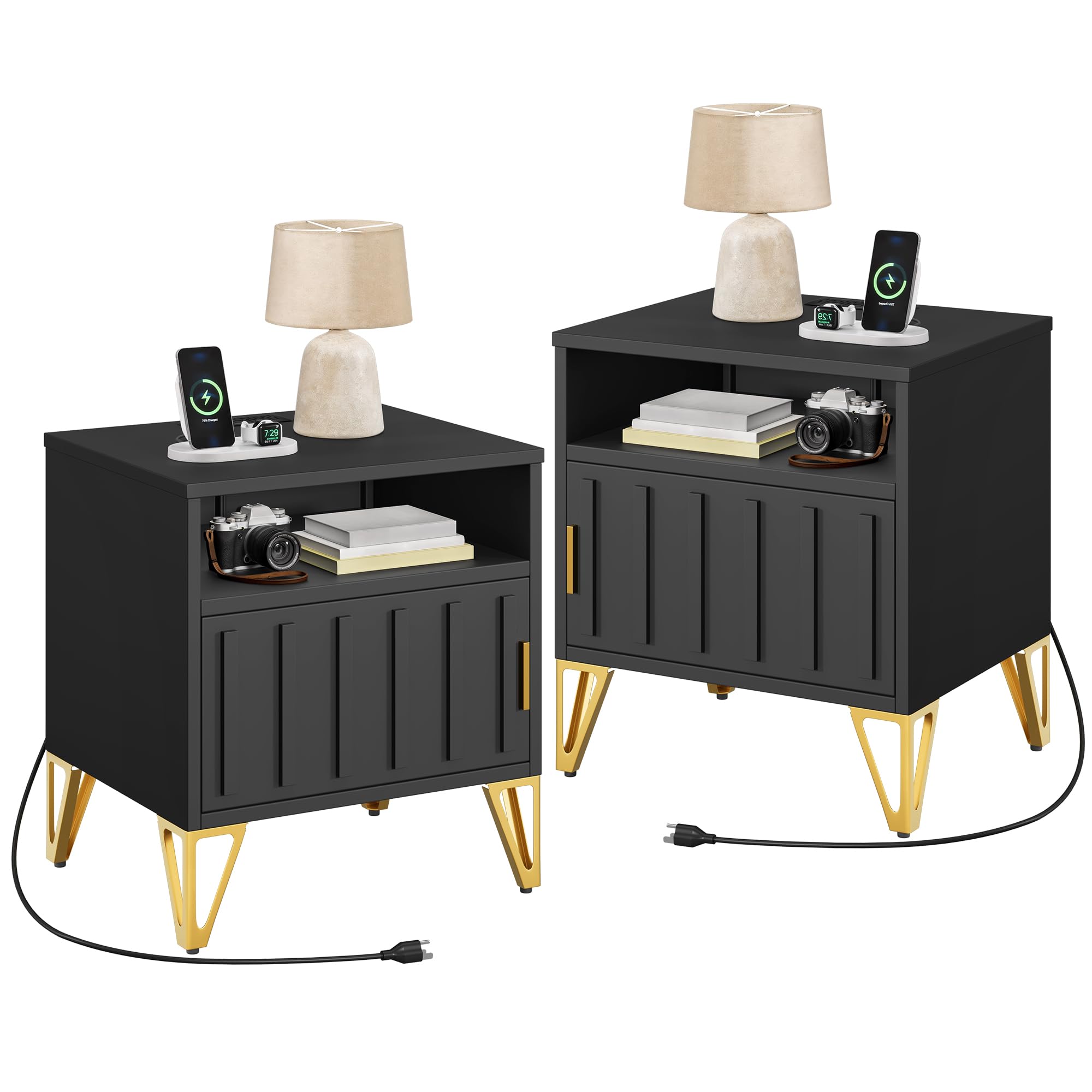 YITAHOME Night Stand Set 2, Fluted Nightstand with Charging Station, Metal Bedside Table with Storage Shelf, Modern End Tables for Bedroom Sofa Couch, Black