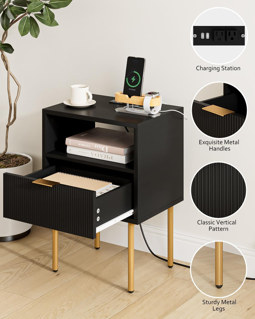 Masupu Nightstand with Charging Station,Mid-Century Modern Bedside Table with Storage Drawer and Open Wood Shelf,Small Gold Frame Side Table for Bedroom,Living Room (Black)