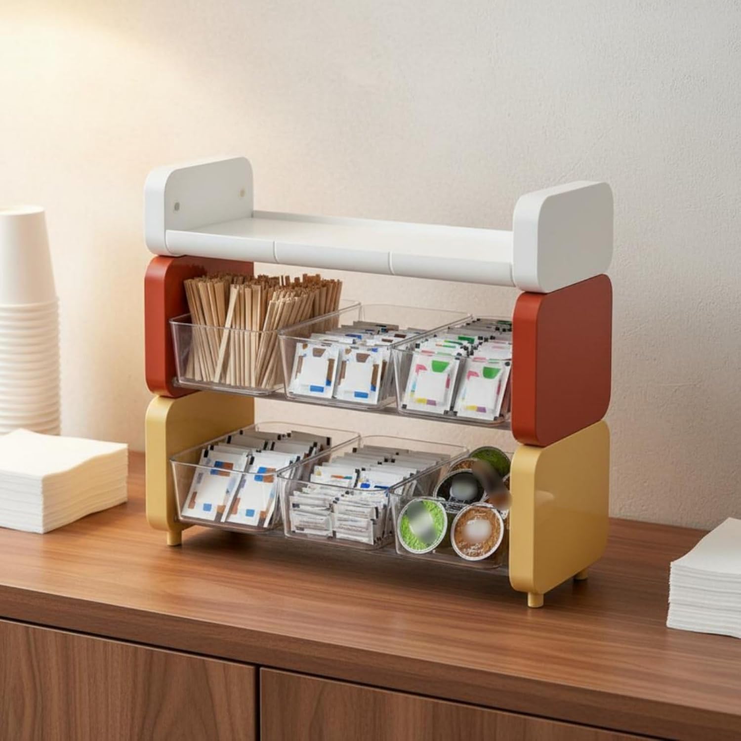 Multi-Tier Tea Packet Organizer Large Capacity Multi-Tier Coffee Bar Organizer Adjustable Tilt Kitchen Accessory for Office, Cream, Cream
