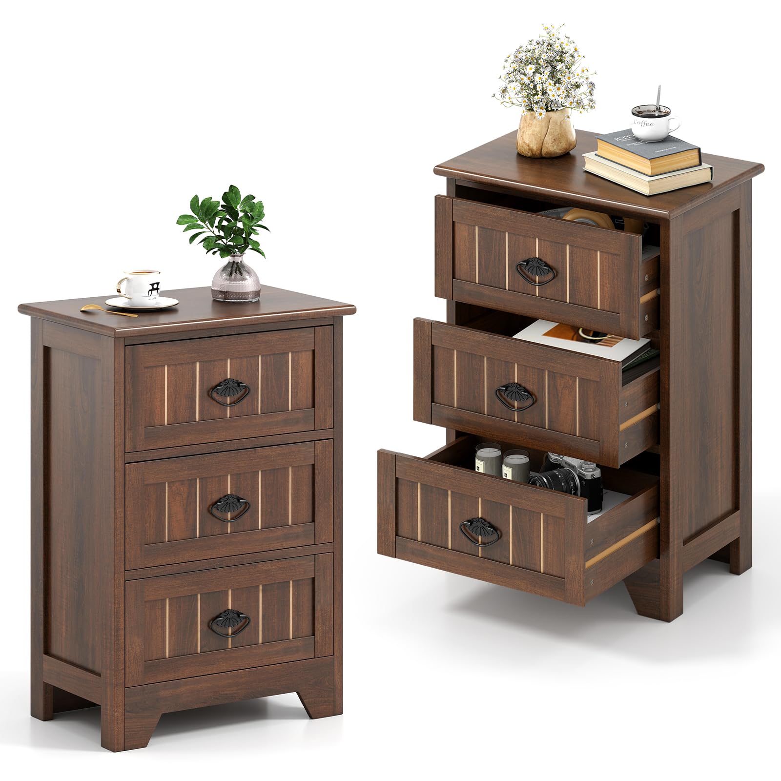Giantex Nightstand with 3 Drawers, Bedside Table with Exquisite Metal Handles, Accent Table Sofa Side Table with Anti-toppling Device for Bedroom, Study, Black