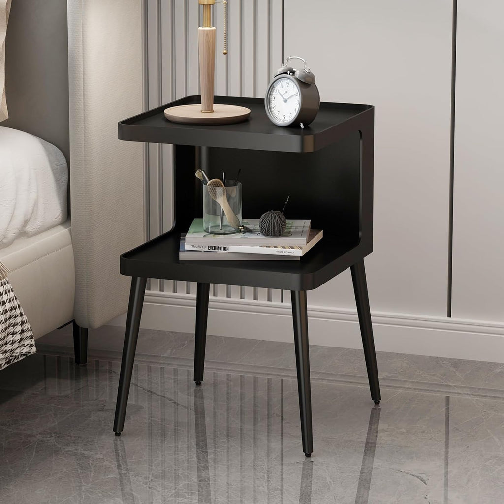 2-Tier Black Metal Side Table, Square Accent Nightstand for Bedroom Living Room