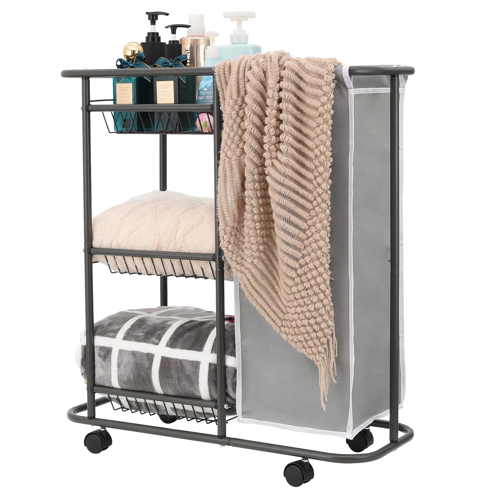 Rolling Laundry Sorter with 3 Storage Baskets and 45 L Bag, 3-Tier Laundry Caddy Between Washer and Dryer,Laundry Room Organization with Wheels and Handle for Narrow Space Bathroom Apartment Dorm
