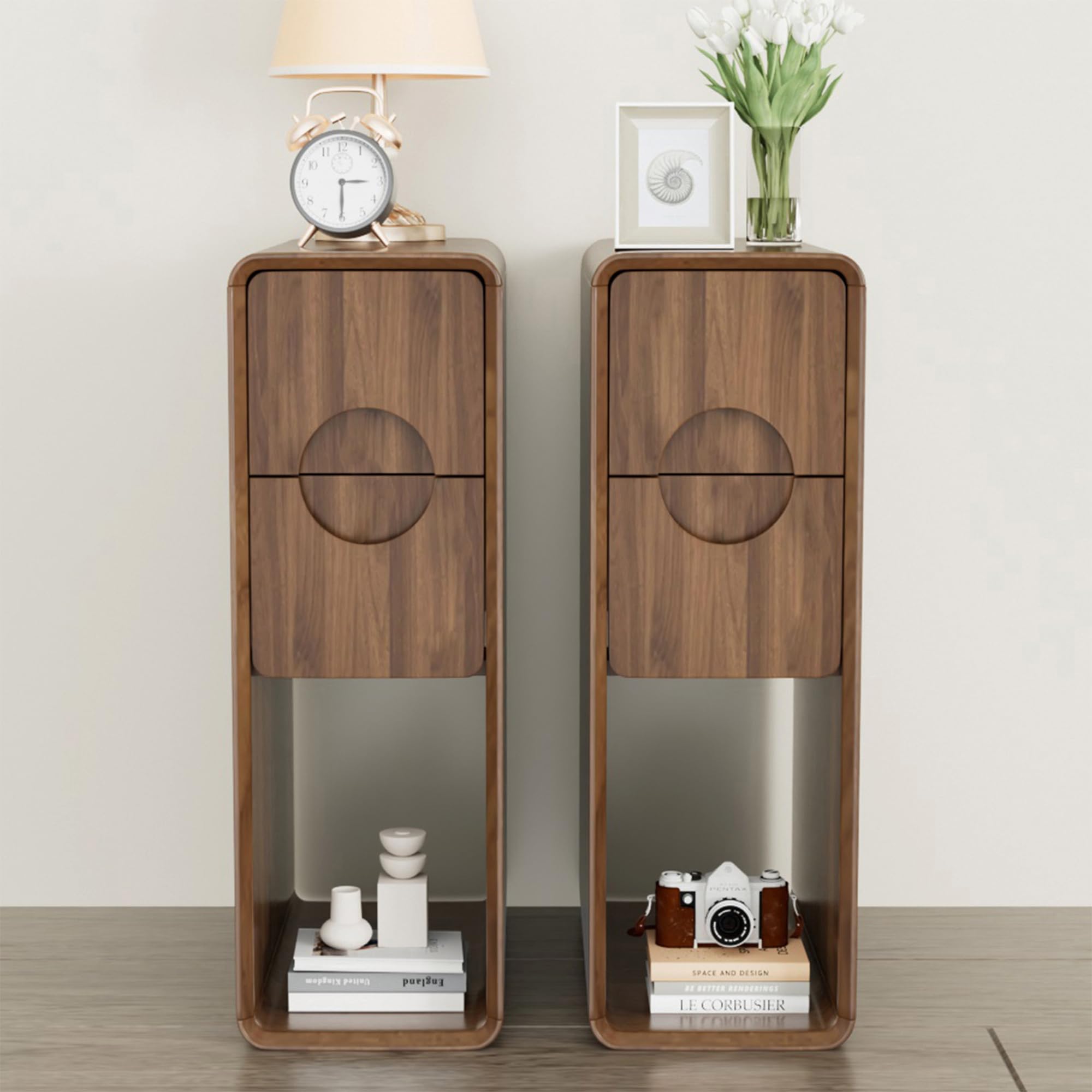 Black Narrow Nightstand, Fluted Small 2 Drawer Nightstand, Slim Side End Table, Wooden Vintage Bedside Table, Mid Century Modern Night Stand, Bedroom, Wood, 1 Pc