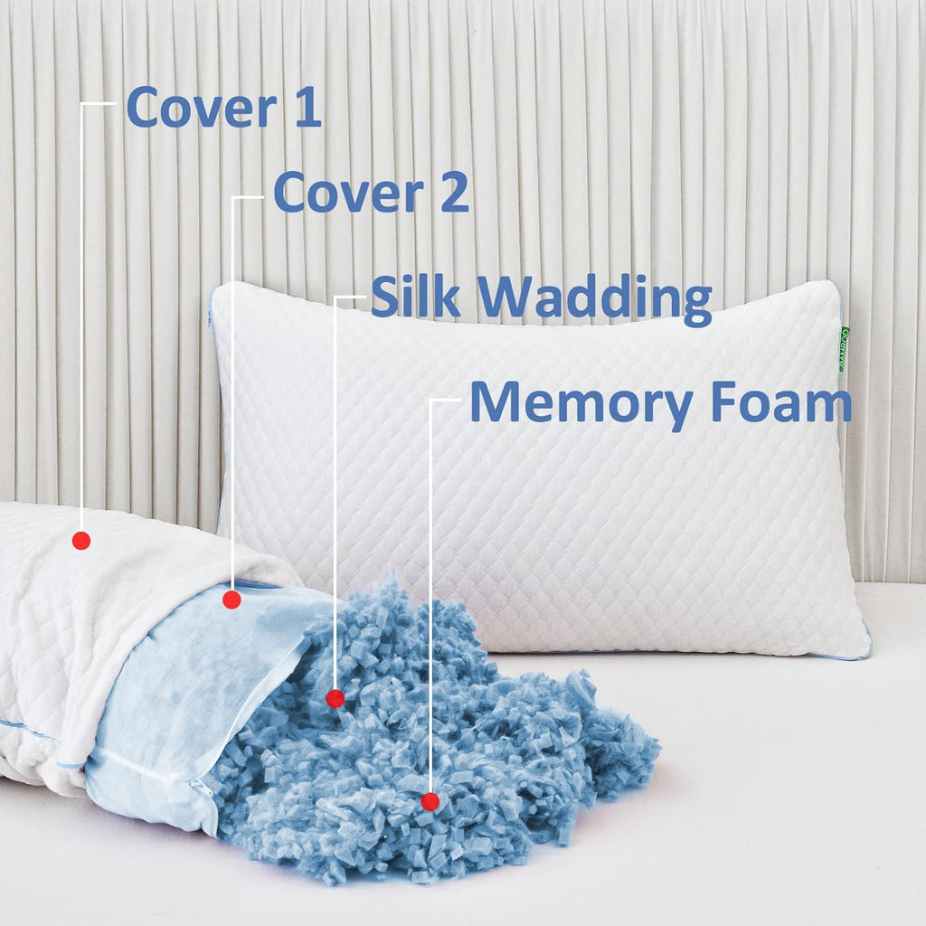 Shredded Memory Foam Pillows for Sleeping 2 Pack - Cooling Bed Pillows Standard Size Set of 2 - Firm Pillow for Side and Back Sleepers Adjustable Gel Pillow with Removable Cover