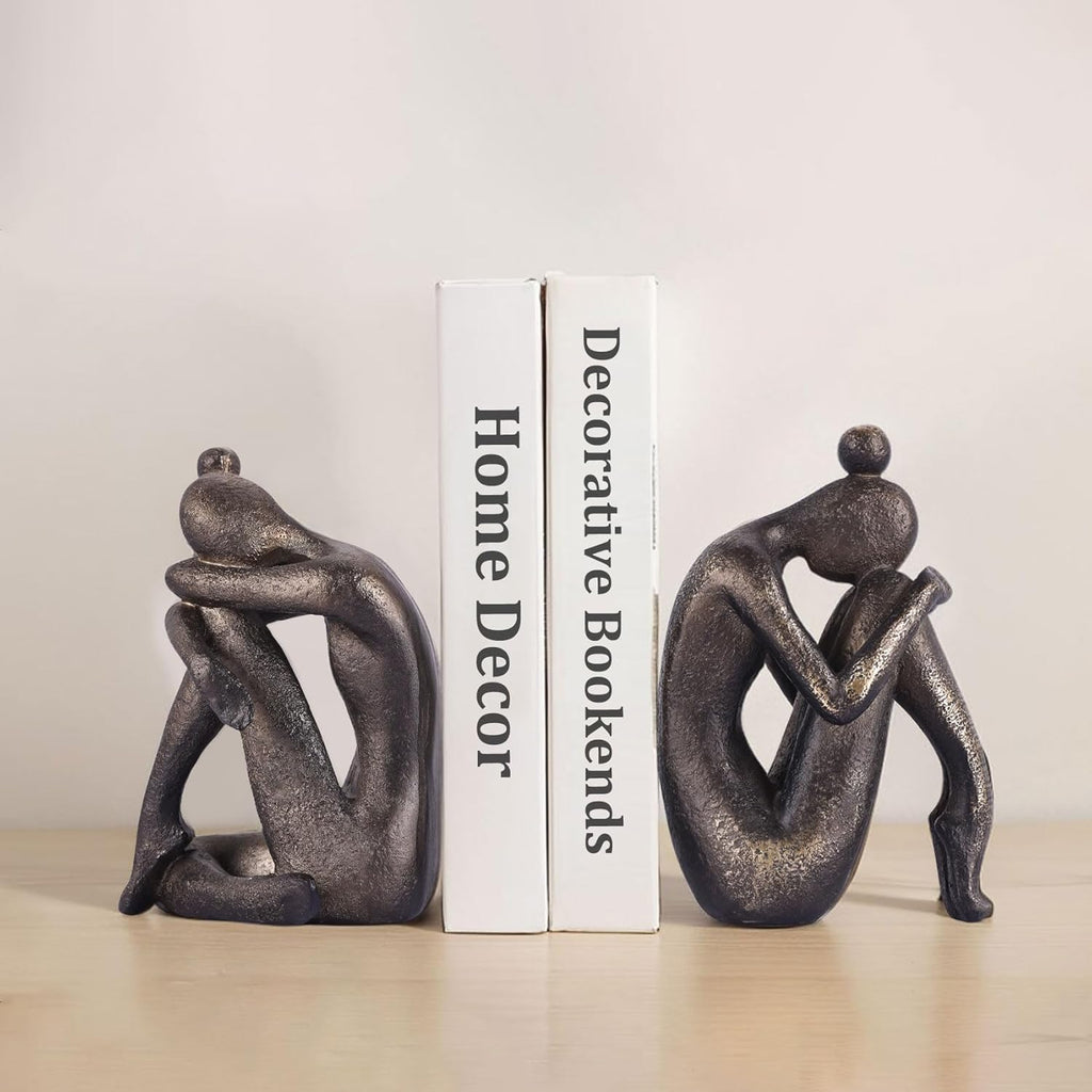2-Piece Thinker Girl Decorative Bookends, Non-Skid Resin Book Stoppers